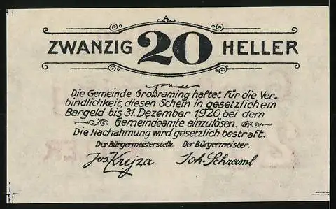 Notgeld Grossraming 1920, 20 Heller, Landschaftsansicht mit Brücke und Fluss