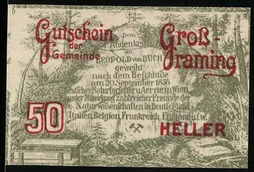 Notgeld Grossraming 1920, 50 Heller, Widmung an Leopold von Buch, Naturforscher und Freunde der Natur