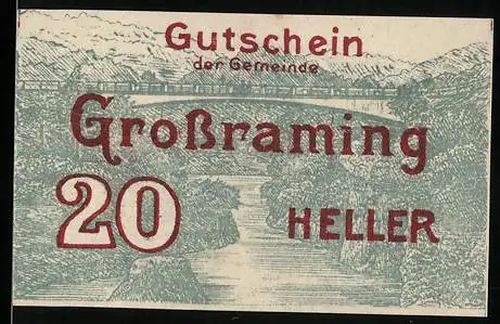 Notgeld Grossraming 1920, 20 Heller, Landschaftsmotiv mit Brücke und Fluss