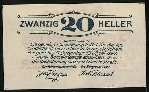 Notgeld Grossraming 1920, 20 Heller, Landschaftsmotiv mit Brücke und Fluss