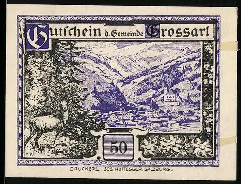 Notgeld Grossarl 1920, 50 Heller, Hirsch im Gebirge, Kriegerdenkmal, Försterbischof Riederer Geburtshaus