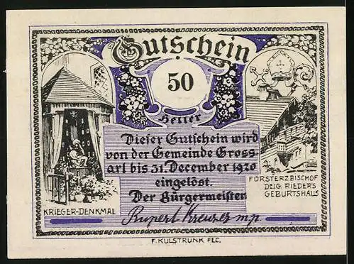 Notgeld Grossarl 1920, 50 Heller, Hirsch im Gebirge, Kriegerdenkmal, Försterbischof Riederer Geburtshaus