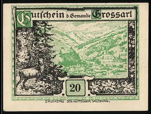 Notgeld Grossarl 1920, 20 Heller, Hirsch und Landschaft, Kriegerdenkmal und Geburtshaus von Fürsterzbischof Rieder