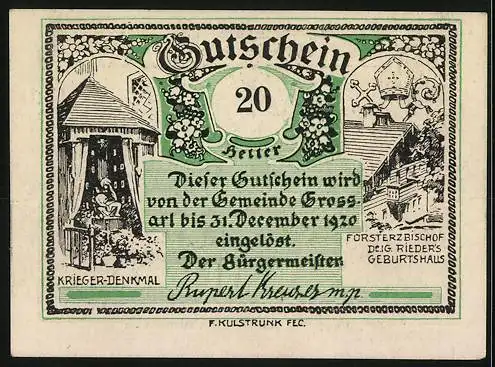 Notgeld Grossarl 1920, 20 Heller, Hirsch und Landschaft, Kriegerdenkmal und Geburtshaus von Fürsterzbischof Rieder