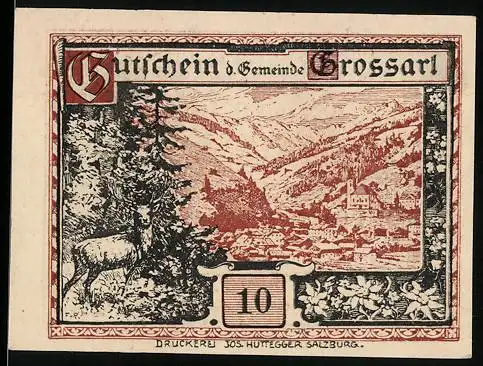 Notgeld Grossarl 1920, 10 Heller, Landschaft mit Hirsch und Krieger-Denkmal