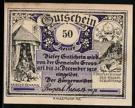 Notgeld Grossarl 1920, 50 Heller, Kriegerdenkmal und Alpenszenerie mit Hirsch