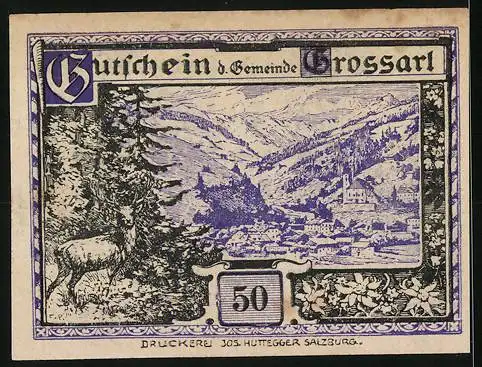 Notgeld Grossarl 1920, 50 Heller, Kriegerdenkmal und Alpenszenerie mit Hirsch