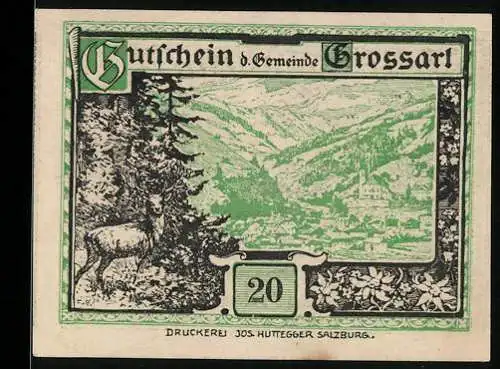 Notgeld Grossarl 1920, 20 Heller, Landschaft mit Hirsch und Kriegerdenkmal, Försterbischof Rieders Geburtshaus