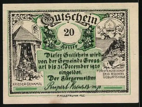 Notgeld Grossarl 1920, 20 Heller, Landschaft mit Hirsch und Kriegerdenkmal, Försterbischof Rieders Geburtshaus