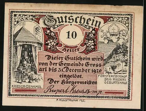 Notgeld Grossarl 1920, 10 Heller, Landschaft mit Hirsch, Kriegerdenkmal und Geburtshaus Rieders