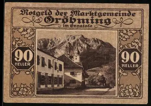 Notgeld Gröbming 1920, 90 Heller, Berglandschaft und Wappen der Marktgemeinde