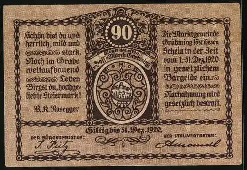 Notgeld Gröbming 1920, 90 Heller, Berglandschaft und Wappen der Marktgemeinde