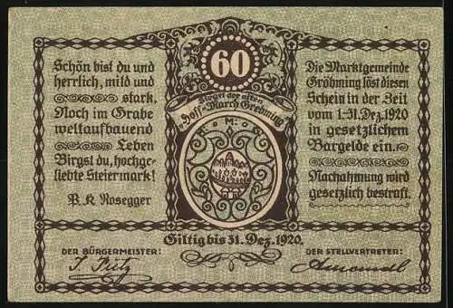 Notgeld Gröbming 1920, 60 Heller, verschneite Landschaft, Wappen und Zitate von K. R. Rosegger