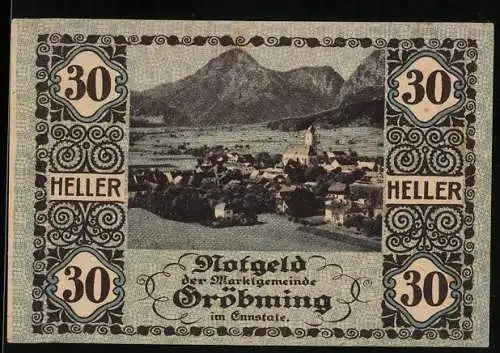 Notgeld Gröbming 1920, 30 Heller, Ortsansicht und Wappen der Marktgemeinde im Ennstal