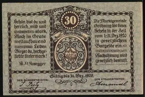 Notgeld Gröbming 1920, 30 Heller, Ortsansicht und Wappen der Marktgemeinde im Ennstal