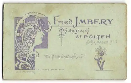 Fotografie Fried. Jmbery, St. Pölten, Schulgasse 1, Jugendstil Frauenkopf schaut auf die Adresse des Ateliers