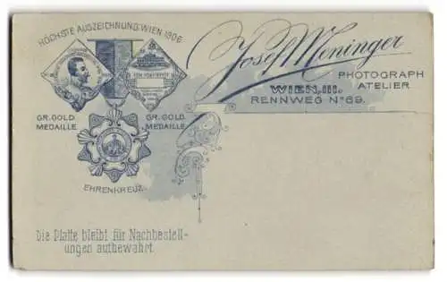 Fotografie Josef Meninger, Wien, Rennweg 69, gedruckte Medaille und Auszeichnung aus Wien von 1906