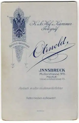 Fotografie Arnold, Innsbruck, Müllerstr. 6, Österreichischer Doppelkopfadler nebst Anschrift des Ateliers