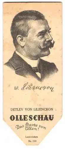 Lesezeichen Olleschau Nr. 110, Portrait Detlev von Liliencron, Rückseitig Kurzbiographie