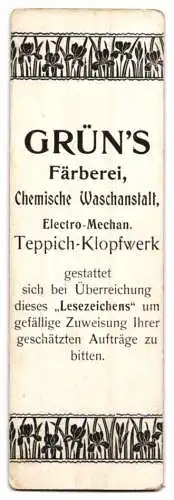 Lesezeichen Grün's Färberei, Chemische Waschanstalt, Electro-Mechan. Teppich-Klopfwerk, Dame im Sommerkleid mit Haube