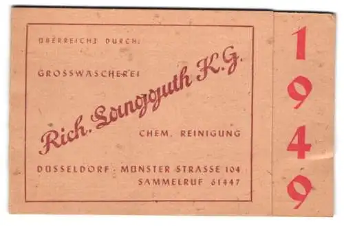 Kalender 1949, Düsseldorf, Grosswäscherei & chemische Reinigung Rich. Loungguth KG