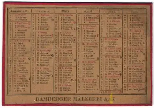 Kalender 1931, Bamberg, Bamberger Mälzerei AG