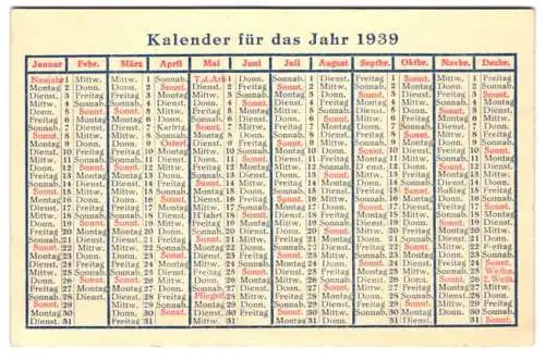 Kalender 1939, Rückseitig Übersicht für Post-Gebühren