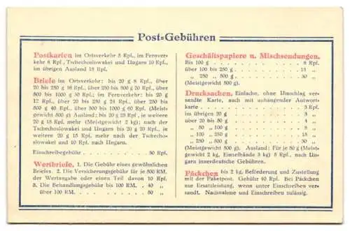 Kalender 1939, Rückseitig Übersicht für Post-Gebühren