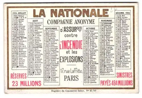 Kalender 1924, La Nationale Compagne Anonyme D'Assurces, Paris, 17 rue Laffitte