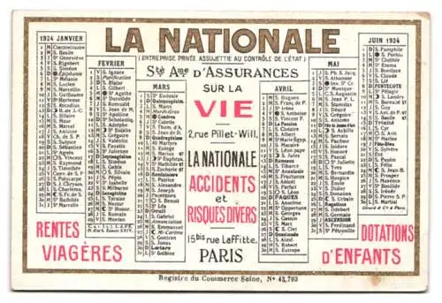 Kalender 1924, La Nationale Compagne Anonyme D'Assurces, Paris, 17 rue Laffitte