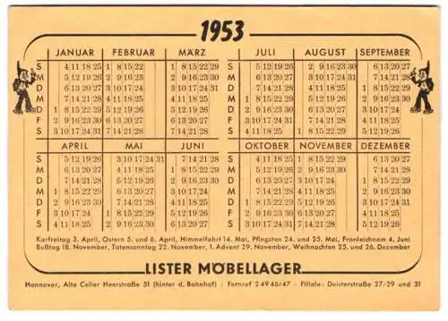 Kalender 1953, Hannover, Lister Möbellager, Alte Celler Heerstrasse 51