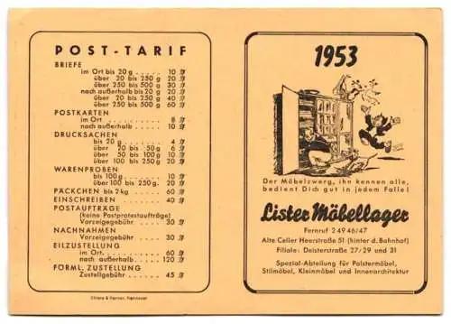 Kalender 1953, Hannover, Lister Möbellager, Alte Celler Heerstrasse 51