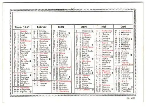 Kalender 1961, Doppelseitiger Kalender mit Namenstagen