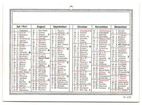 Kalender 1961, Doppelseitiger Kalender mit Namenstagen