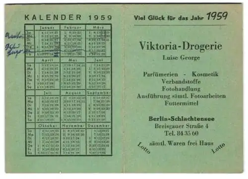 Kalender 1959, Berlin-Schlachtensee, Viktoria-Drogerie, Breisgauer Strasse 4, Netzspinne U-Bahn & S-Bahn