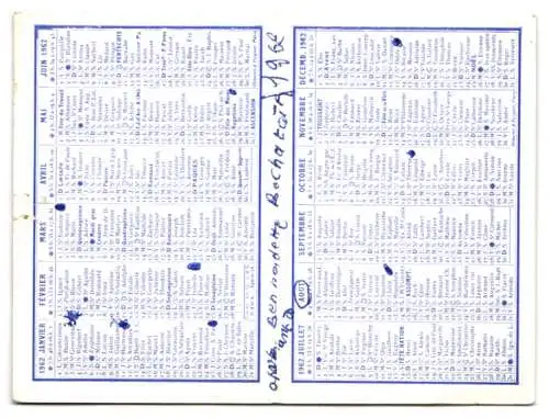 Kalender 1962, Sevres, Epicerie Fine Guidez, 79 Grande Rue, Vogelküken auf Eichenzweig sitzend