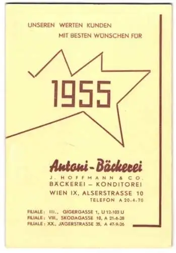 Kalender 1955, Wien, Antoni - Bäckerei, J. Hoffmann & Co., Alserstrasse 10