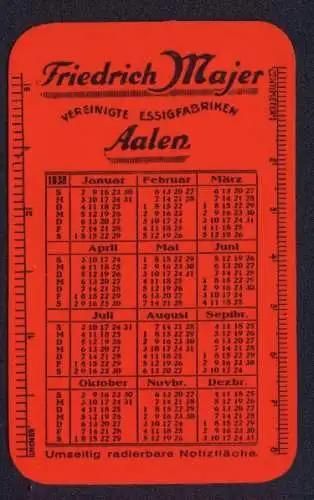 Kalender 1938, Aalen, Vereinigte Essigfabriken Friedrich Majer