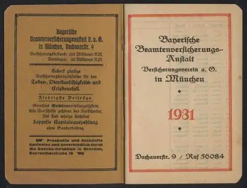 Kalender 1931, München, Bayerische Beamten Versicherungs-Anstalt, Heft mit 12 Seiten + Notizen