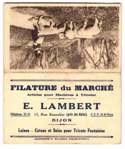 Kalender 1934, Dijon, Filature du Marche, E. Lambert, Mädchen erfreut sich an drei Lämmern