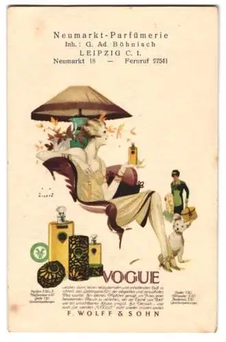 Kalender 1928, Leipzig, Neumarkt Parfümerie, Neumarkt 18, elegante Dame im Art Deco Stil mit Vogue Parfüm