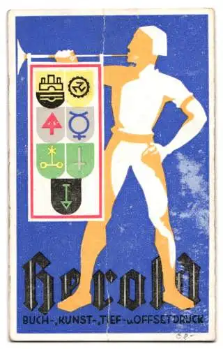 Kalender 1937, Wien, Herold Druckerei, Herold-Haus Strozzigasse 8, Firmenlogo Fanfarenbläser mit Banner & Wappen