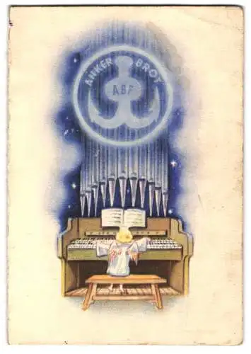 Kalender 1951, Ankerbrotfabrik AG, Engel spielt auf einer Orgel, Firmenlogo