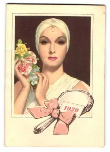 Kalender 1939, Dresden, Viktoria-Drogerie Wilhelm Franz, Kesselsdorfer Strasse 30, elegante Dame mit Blüten & Handspiegel