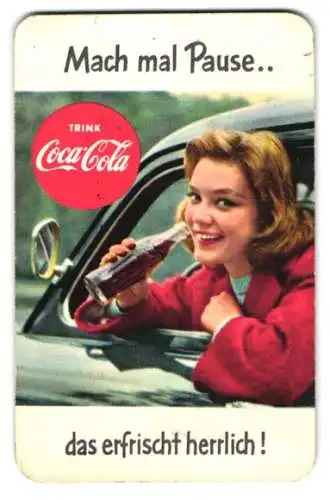 Kalender 1958, Coca - Cola, junge Frau im Auto trinkt Coke