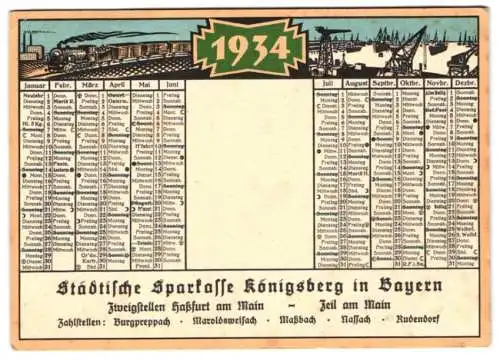 Kalender 1934, Königsberg / Bayern, Städtische Sparkasse, Rückseitig Postgebühren