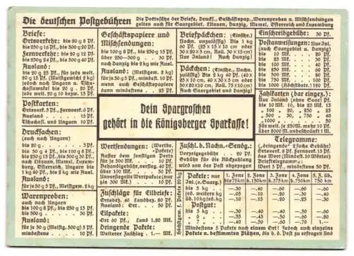 Kalender 1934, Königsberg / Bayern, Städtische Sparkasse, Rückseitig Postgebühren