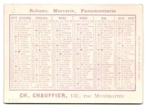 Kalender 1877, Paris, Mercerie Ch. Chauffier, 131 rue Montmartre, junge Dame wickelt Garn auf