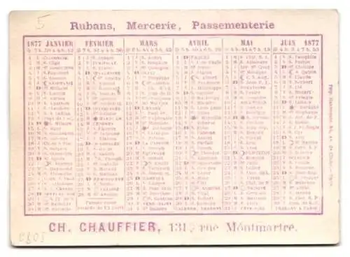 Kalender 1877, Paris, Mercerie Ch. Chauffier, 131 rue Montmartre, junger Mann flieht vom stinkenden Fischstand