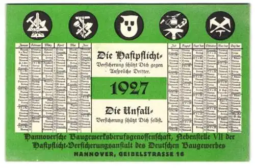 Kalender 1927, Hannover, Hannoversche Baugewerksberufsgenossenschaft, Geibelstrasse 16